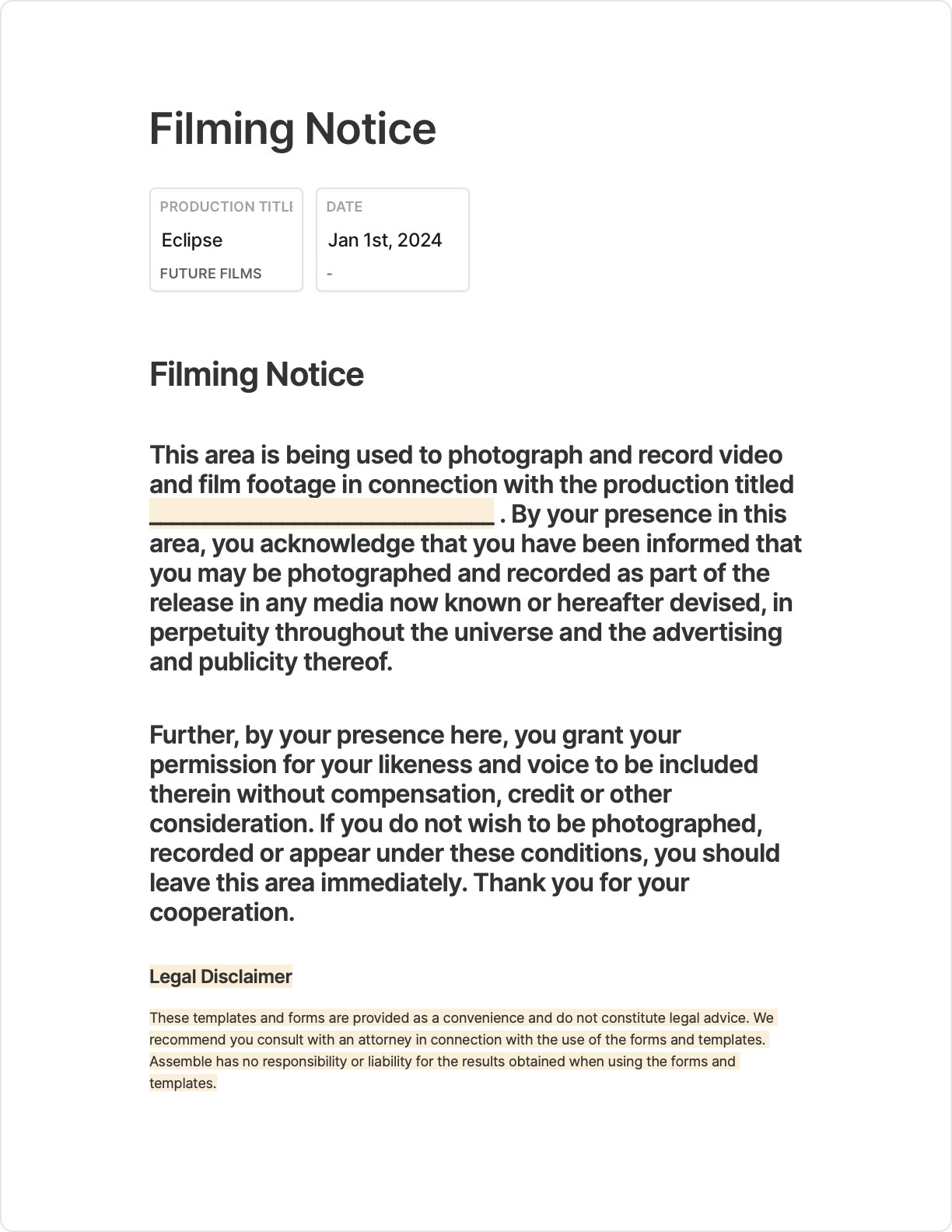 filming notice template