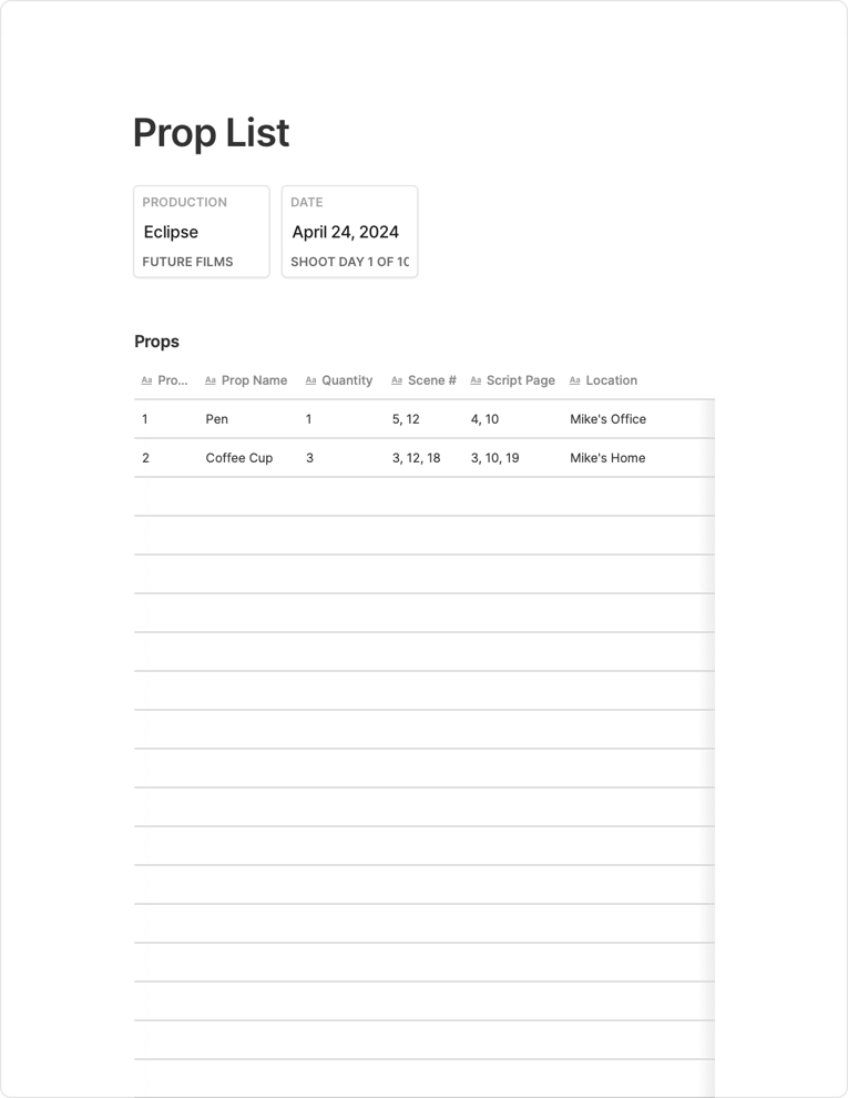 Prop List Template