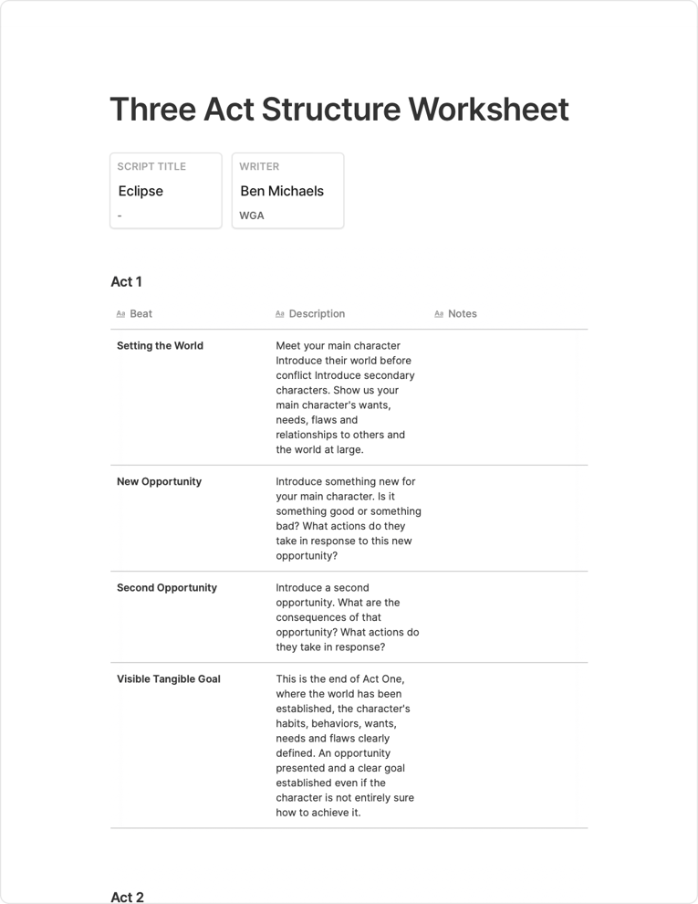 three act structure worksheet